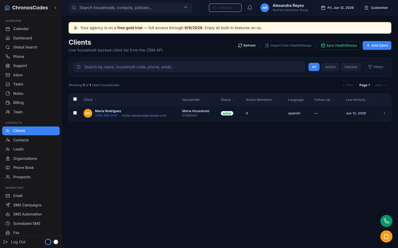 The Clients list in ChronosCodex